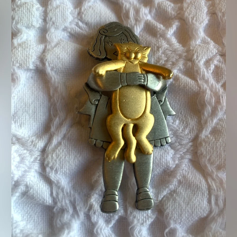 Cat Hug Girl Vintage JJ Jonette Pin - Gold & Silver Metal